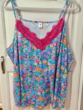 Bright Blue Floral Lace-Trim Camisole with Pink Accents